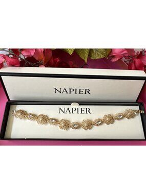 Napier Dainty Feminine Filigree Flower Rhinestone Charm Bracelet NEW In Box